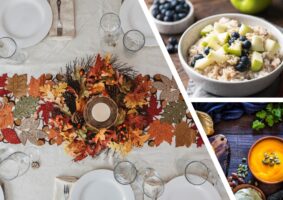 Ilustração ao texto: Alimentação moderna, novas composições à mesa! Fotos de comida e uma mesa posta.