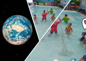 No texto autismo e a natação, a educadora física e professora de natação, Thaís Magalhães, e seus alunos durante uma aula, na piscina. Do lado esquerdo, vê-se uma foto do mundo.