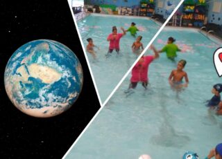 No texto autismo e a natação, a educadora física e professora de natação, Thaís Magalhães, e seus alunos durante uma aula, na piscina. Do lado esquerdo, vê-se uma foto do mundo.