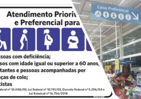 Ilustração do texto 'Um autista na fila preferencial. A placa de prioridade em primeiro plano e um recorte da placa num supermercado
