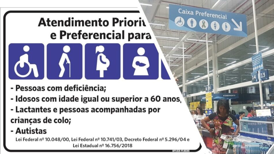 Ilustração do texto 'Um autista na fila preferencial. A placa de prioridade em primeiro plano e um recorte da placa num supermercado
